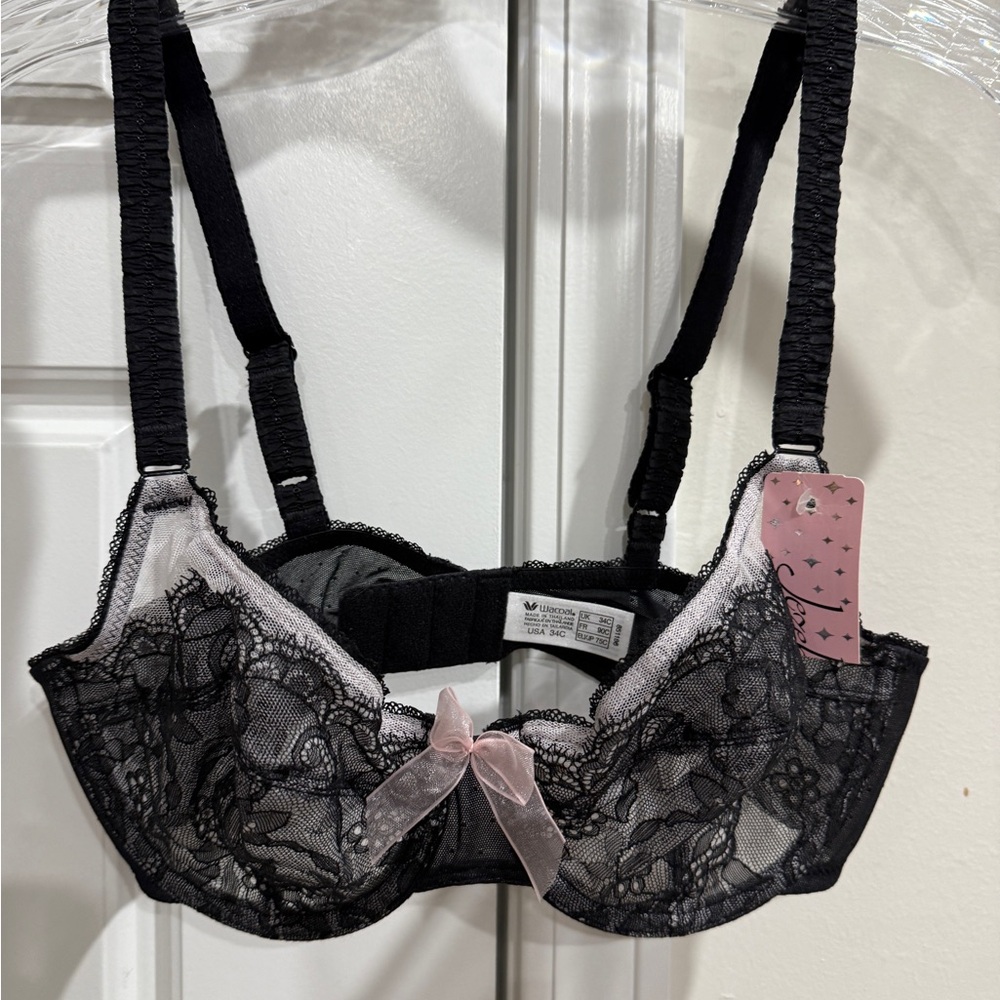 Jezebel Black Lace Bra with Pink Bow 32D Read Description